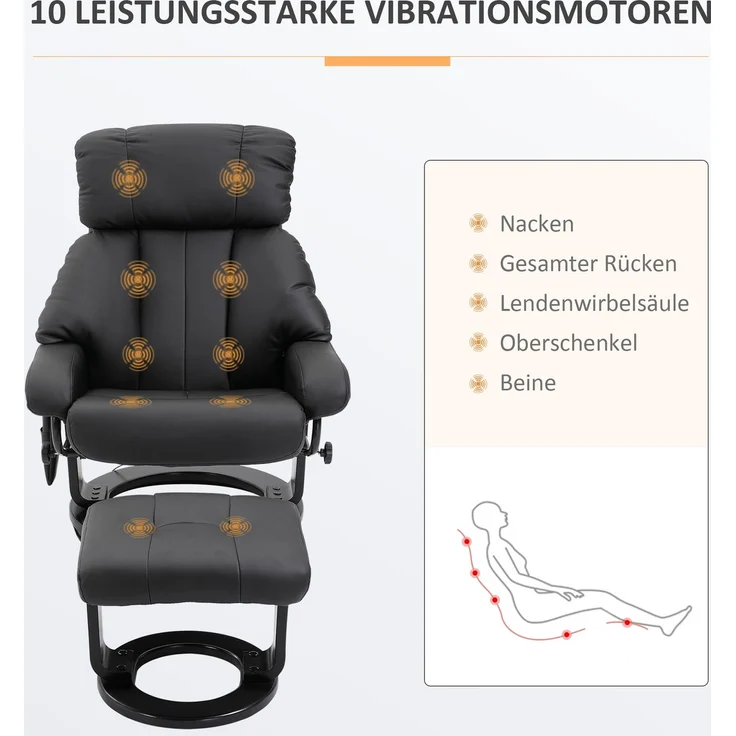 Wohnora-Relaxsessel mit Hocker, drehbarer Fernsehsessel mit Massagefunktion, Liegefunktion, Massagesessel mit Fernbedienung, Seitentasche, Ruhesessel aus Kunstleder für Wohnzimmer Schwarz,H 1020cm x T 760cm x B 800cm – Bild 5