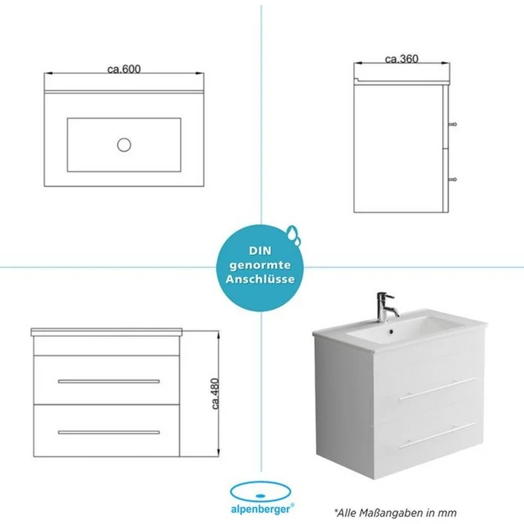 Alpenberger Badmöbel-Set Waschbecken mit Unterschrank - Waschbeckenunterschrank mit Schubladen, (Badezimmerschrank - Weiß, Schrank Badschrank - 60 cm), Gäste WC & Badezimmer Set - Waschtisch mit Nano – Bild 4