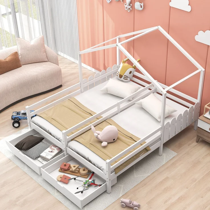 U-life Hausbett 90x200 cm, Doppelbett und Kinderbett, mit geteiltem Mittelzaun, 2 MDF-Schubladen und Sicherheitsgeländer, Kiefernholz, Weiß – Bild 4