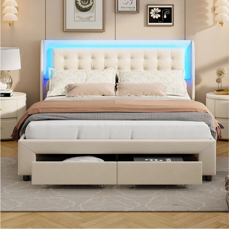 PXloue Polsterbett Polsterbett mit Stauraum und RGB-LED-Beleuchtung, beige Samt, Mit Gasdruckfedern, dimmbarer LED und Stauraum. – Bild 2