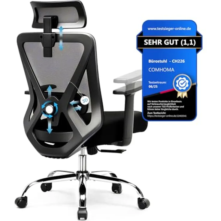 COMHOMA Bürostuhl Ergonomisch [TESTSIEGER], Schreibtischstuhl mit 3D-Kopfstütze & 3D-Lendenwirbelstütze, verstellbare Armlehnen, Office Chair mit Wipp- und Kippfunktion