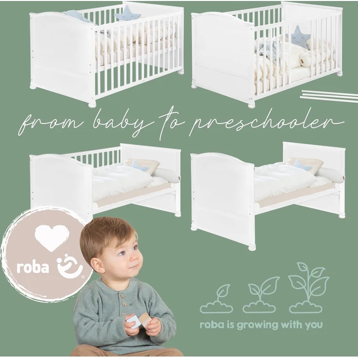 roba Babybett 70 x 140 cm Woodland Buddies - Umbaubares Kinderbett mit Zubehör - Inkl. Matratze, Himmel & Nestchen für Babys & Kleinkinder - Bettwäsche-Set 100x135 cm - Weiß / Grün – Bild 13