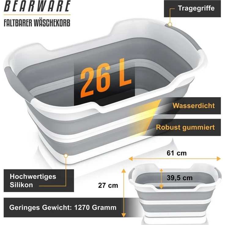 BEARWARE Wäschekorb Faltbarer Wäschekorb 26 l, Wäschewanne mit gummierten Griffen (1 St), faltbar von 27 auf 7 cm, wasserdicht, über 70% Platzersparnis – Bild 2
