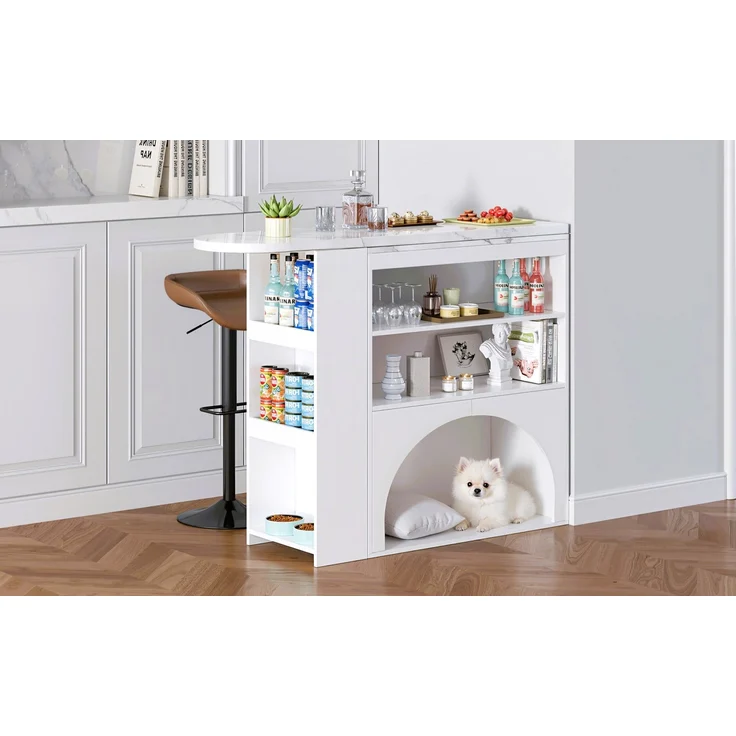 Ausziehbarer Thekentisch mit Haustierbereich, Marmoroptik, weiß, 120(+80)x40x100 cm – Bild 5