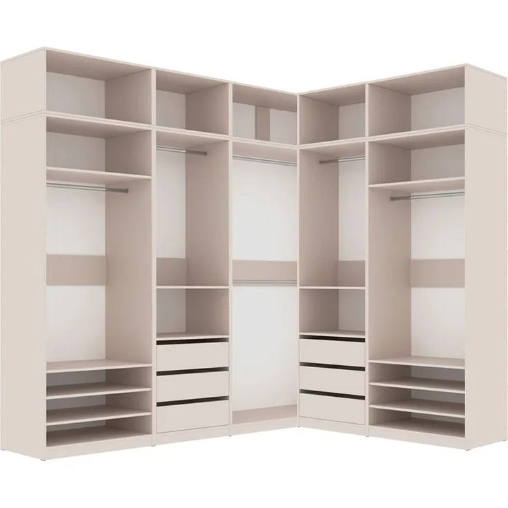 Marmex Möbel Tres Set-S/N großer Eckkleiderschrank, Begehbarer Kleiderschrank offen mit Aufsatz, modularer Kleiderschrank mit Kleiderstangen, Einlegeböden für Kleidung, Schuhe, laminierte Spanplatte, graubeige cashmere 240/191x246x51 cm