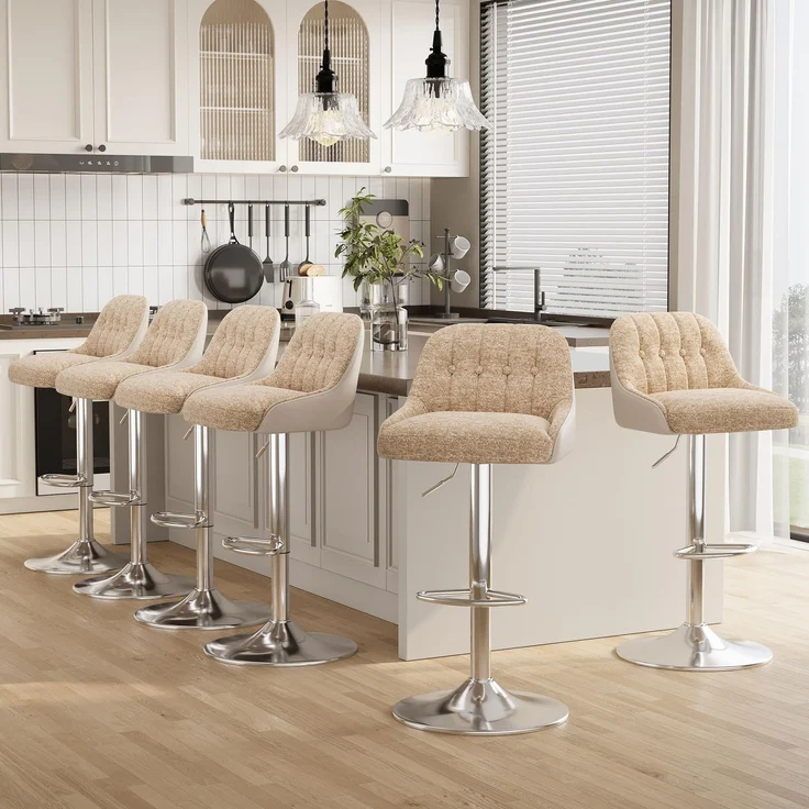 MALOL 360° Drehbarer Höhenverstellbarer Barhocker, Bar Hocker 6er Set mit Rückenlehne, Moderner Küchenhocker mit Metallfuß für Theke, Esszimmer, Barstuhl mit Kombination aus Leder und Stoff, Kamel