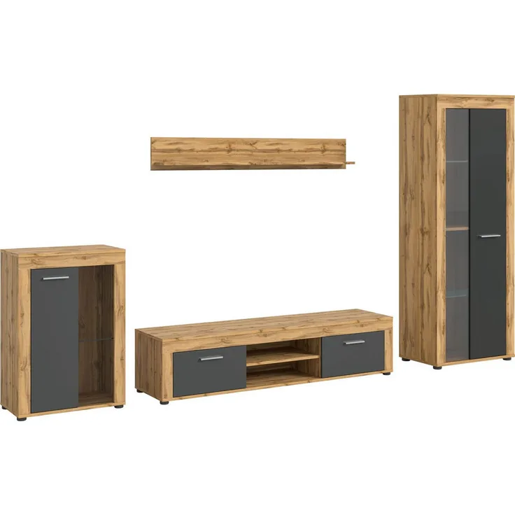 Xonox Wohnwand, Grau, Holzwerkstoff, 310x169x35 cm, modern mit Glastüren und Glasböden