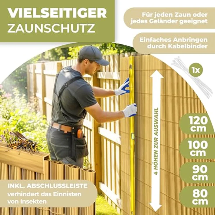 KESSER® PVC Sichtschutzmatte Sichtschutzzaun 80x500cm Balkonverkleidung Windschutz verstärkte Lamellen für Garten Balkon & Terrasse Balkonumrandung inkl Kabelbindern, Abdeckung & Handschuhe Bambus – Bild 3
