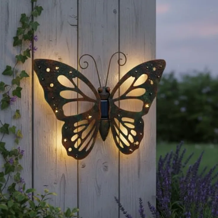 abc HOME Solar Wanddeko Schmetterling Metall, 42 cm groß, LED Gartenfigur mit Lichtsensor, wetterfest und dekorativ für Außenbereiche