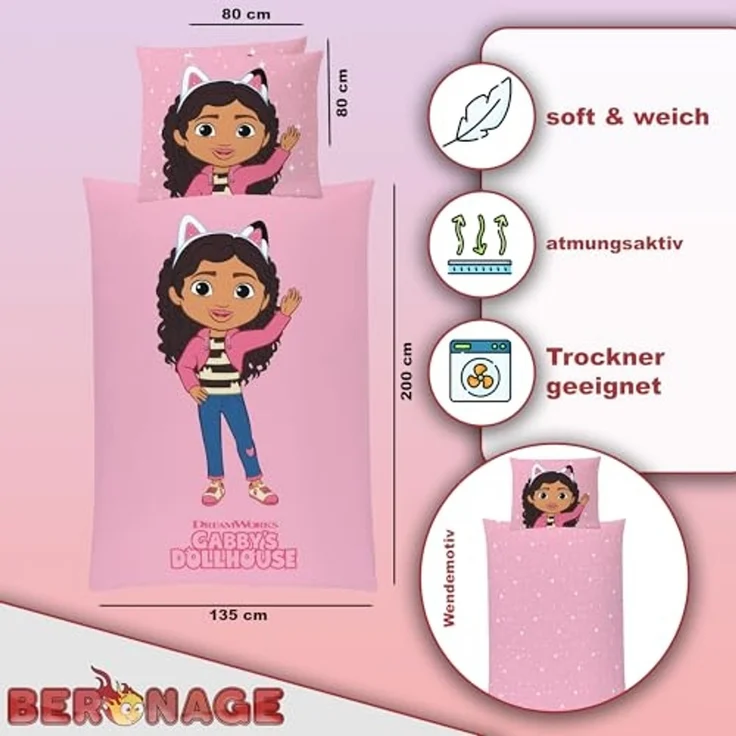 BERONAGE Kinderbettwäsche Gabby's Dollhouse Bettwäsche Rosa und Pink weiche Flanell-Qualität, Polyster, 2 teilig – Bild 2
