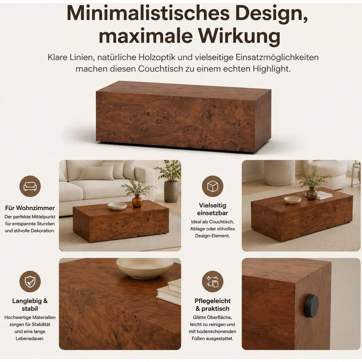 Celya Couchtisch Minimalistischer moderner Wohnzimmertisch in Holzoptik (vielseitig einsetzbar, stabile Konstruktion, pflegeleichte Oberfläche) – Bild 3