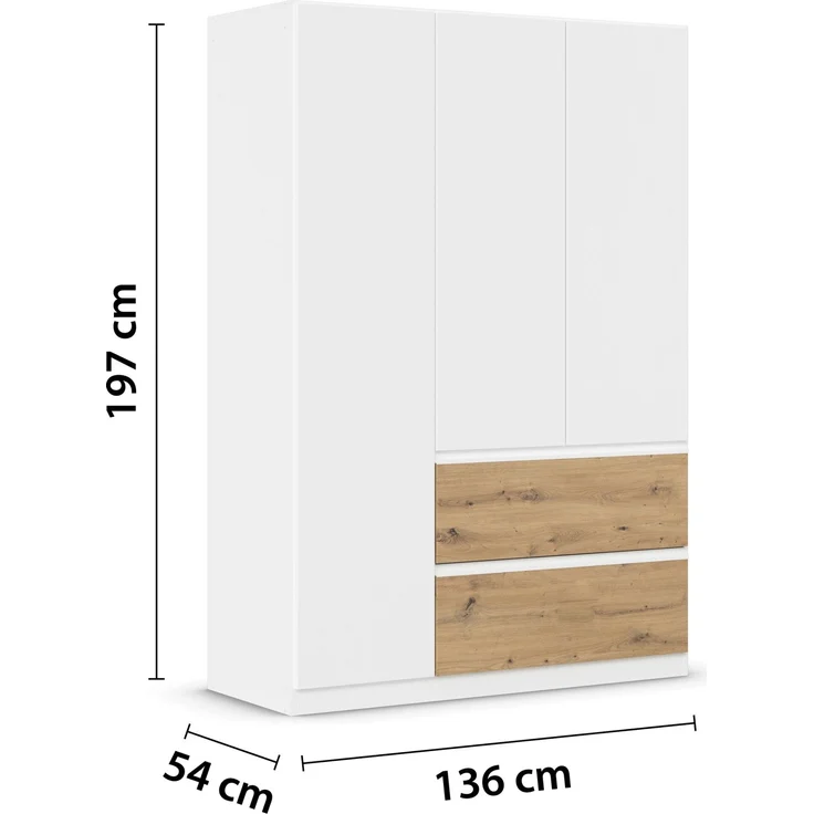 rauch Kleiderschrank, Drehtürenschrank COSTA, 3-türig, 2 Schubkästen, push-to-open, Alpinweiß, 136 x 197 x 54 cm – Bild 4