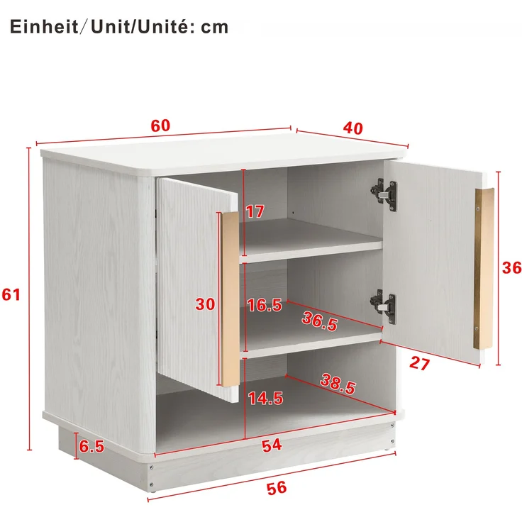 Schuhschrank weiß Holzoptik, 60x40x61 cm, mit 2 Türen & offenem Fach, goldene Griffe – Bild 10