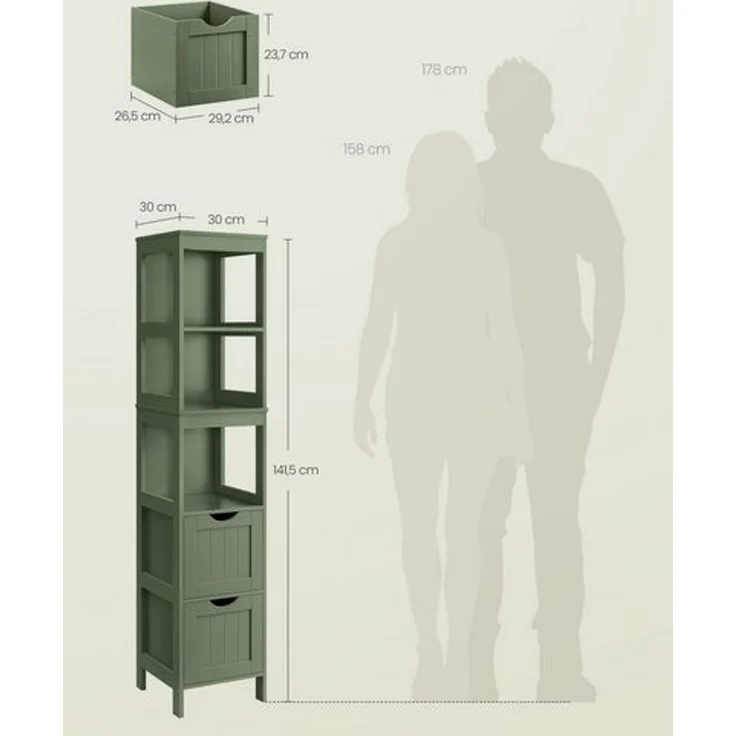 VASAGLE Badezimmerschrank, Schrank freistehend, Badezimmermöbel, mit 2 Schubladen, offenen Fächern, für Badezimmer, Wohnzimmer, Küche, modern, 30 x 30 x 141,5 cm – Bild 5
