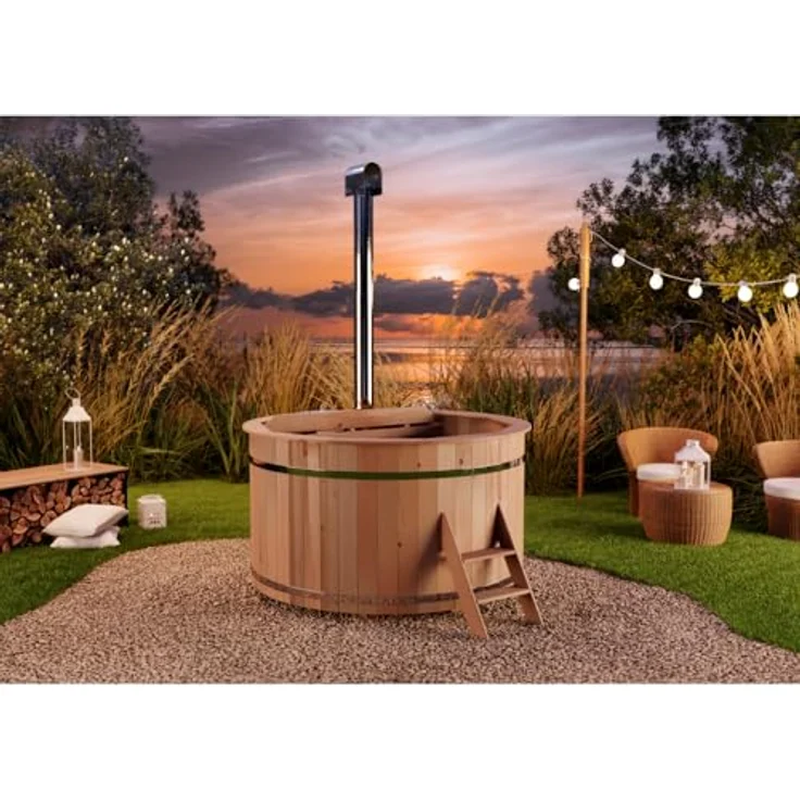 Finntherm Holz Badefass Bergen, Hot Tub Ø 160 x 101 cm, Edelstahl-Ofen 22 kW, für 3-4 Personen, inklusive Einstiegsleiter und schnell aufstellbarem Bausatz – Bild 8
