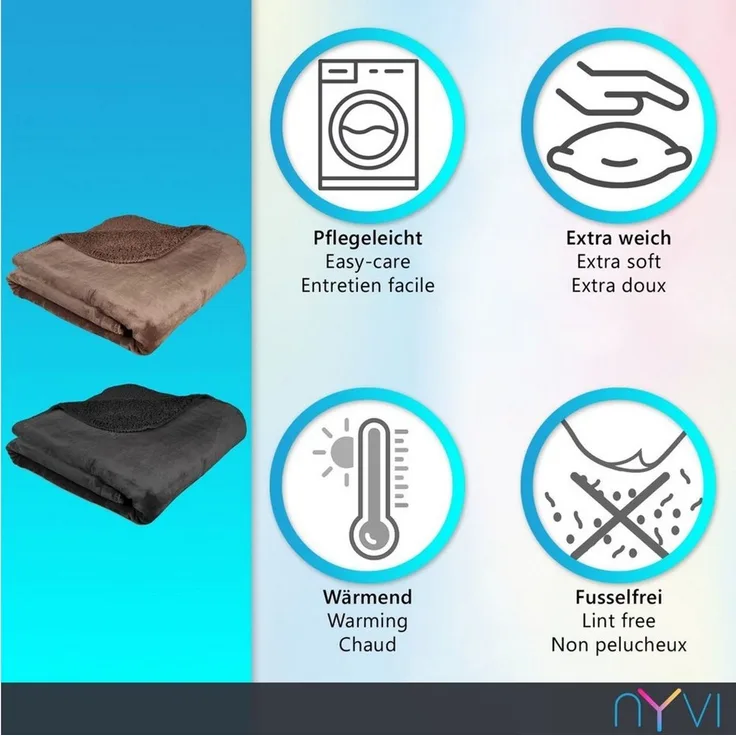 Wohndecke Kuscheldecke CozyLuxus 150x200 Luxus Wohndecke für Couch & Sofa, NYVI, Wendedecke mit Wärmender Wollimitat Seite & Seidenweicher Flanellseite