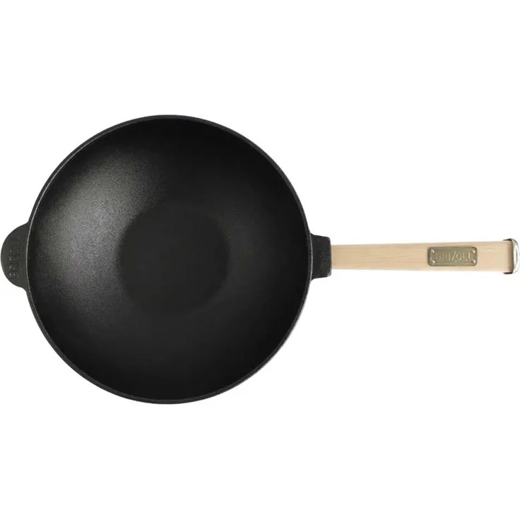 Wok Bratpfanne Ø24 cm 2,2 L aus Gusseisen mit Holzgriff Glasdeckel Asia Wokpfanne Induktion – Bild 5
