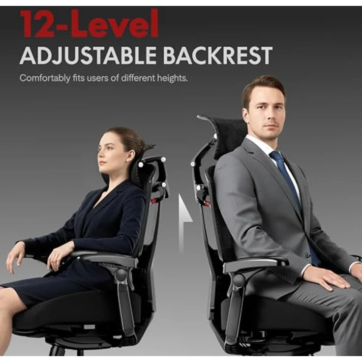 FLEXISPOT ErgoX Pro Ergonomischer Bürostuhl mit 12-stufiger Höhenverstellung, Schreibtischstuhl mit 7D-Armlehnen, 5D-Lendenstütze, 4D-Kopfstütze, 250 kg Belastbarkeit und Netzsitz (Schawrz) – Bild 6