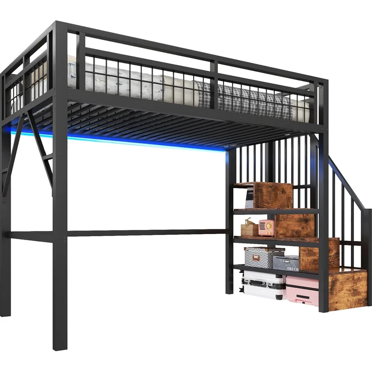 Hochbett, 90 x 200 cm, Eisenrahmen, mit LED-Lichtleiste, Treppenkonstruktionen mit Stauraum, Freier Raum zum Verkleiden nach, Ohne Matratze, schwarz – Bild 6