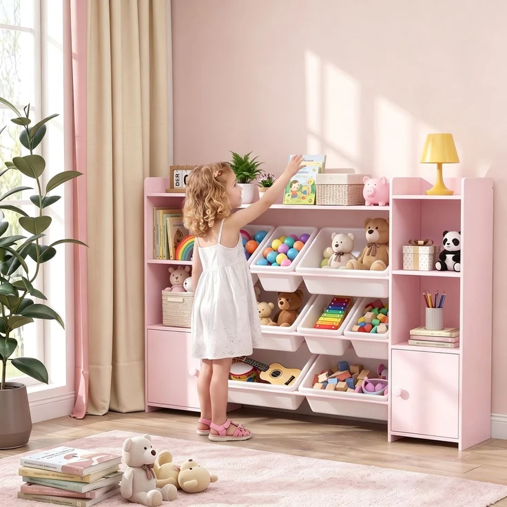 AIYAPLAY Kinderregal, MDF, Stahl, Rosa, 140L x 30B x 90H cm – Bild 2