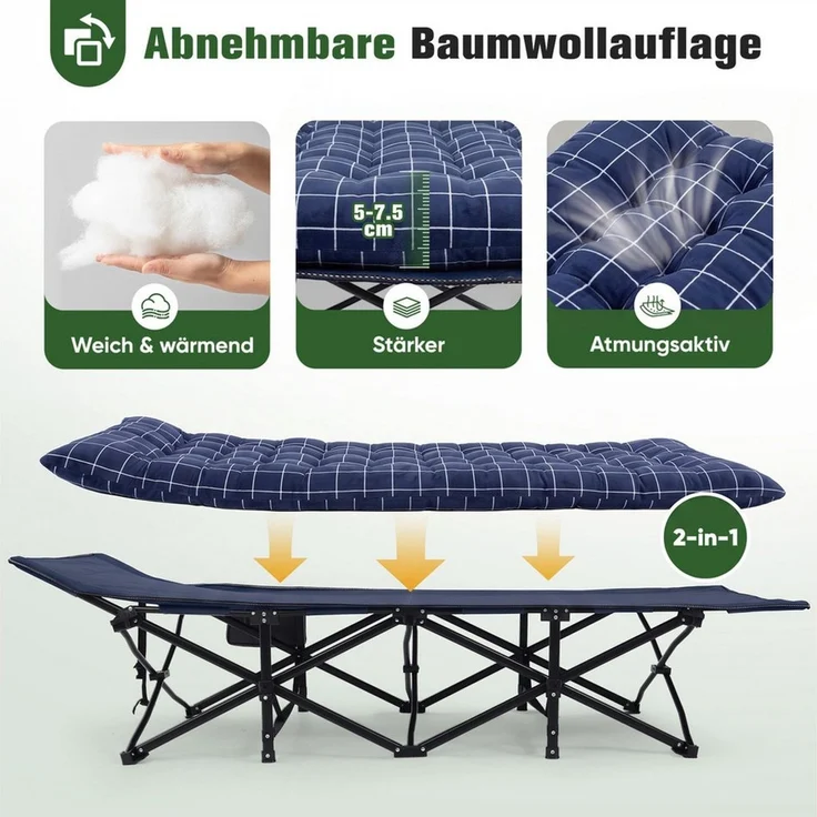 Sekey Feldbett 190x71 cm Campingbett Klappbar mit Matratze Gästebett Klappbett Tragbares Campingliege bis 200kg, Kariert, für Outdoor, Indoor, Reisen – Bild 2