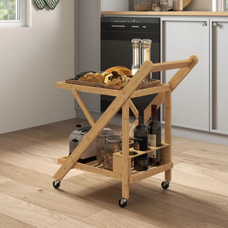 Küchenwagen auf Rädern, Servierwagen mit 3 Weinregalen, 2 Tabletts, für Küche, Esszimmer, Bambusholz, Hellbraun--Naturholz--70x40x66cm--YOUDENOVA – Bild 3