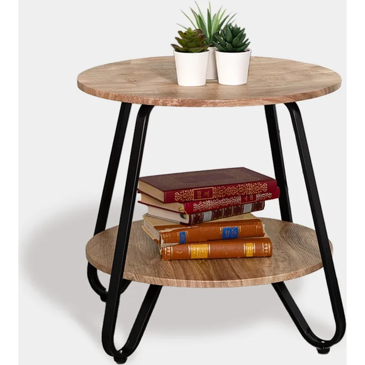 MEUBLE COSY Beistelltische Couchtisch Rund Nachttisch Wohnzimmertisch Sofatisch mit Ablageboden für Wohnzimmer Schlafzimmer, Industrie Design, Metallgestell, Eiche, Holz, 46 x 46 x 45 cm