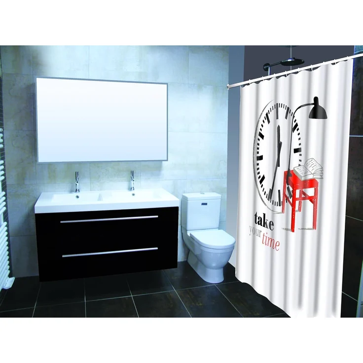 MSV Duschvorhang TAKE YOUR TIME Breite 180 cm, Premium Anti-Schimmel Textil-Duschvorhang, Polyester, 180x200 cm, waschbar, weiß-bunt, Motiv "Take Your Time" – Bild 4