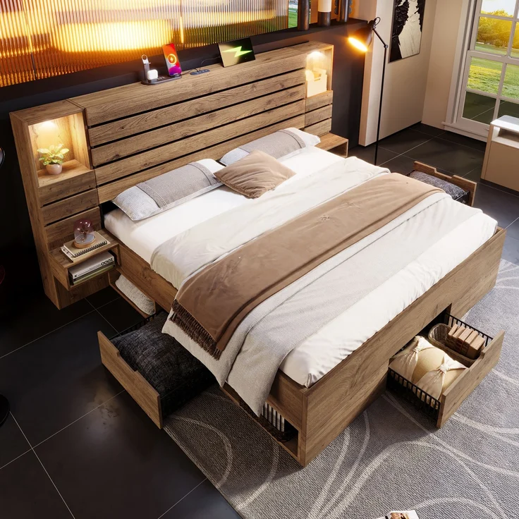 Holzbett 180x200 cm, Doppelbett und Erwachsenenbett, mit LED-Downlights, USB & Type-C Ladestation und schwebenden Nachttischen, Eichenoptik – Bild 3