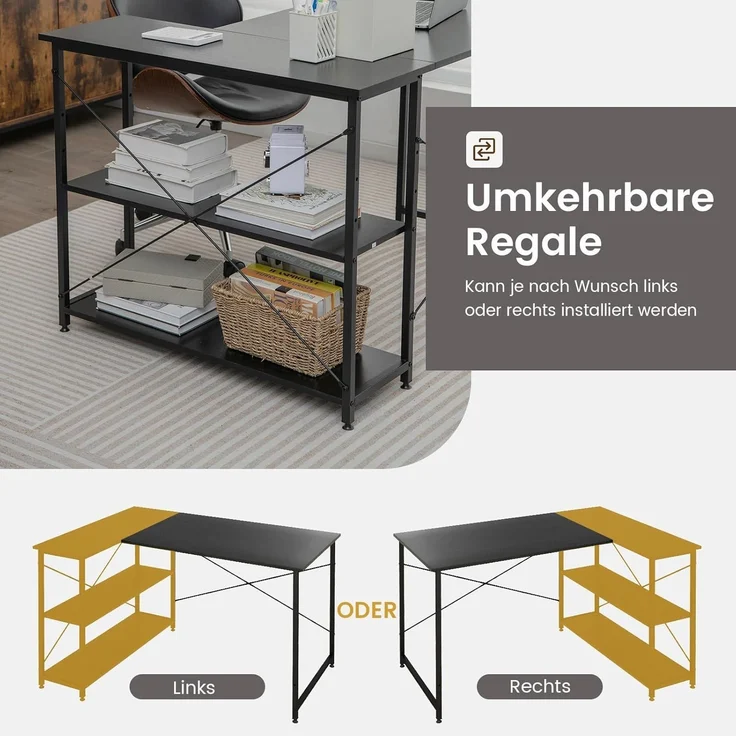 FANTASK Schreibtisch L-Form, Computertisch mit Regal rechts oder Links, Eckschreibtisch mit Ablagefächern, Ecktisch Bürotisch für Heimbüro, kleine Räume, 120 x 88 x 74,5 cm (Schwarz) – Bild 3