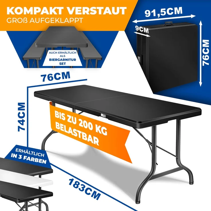 KESSER® Buffettisch Tisch klappbar Kunststoff 183x76 cm Campingtisch Partytisch Klapptisch Gartentisch für Garten, Terrasse und Balkon zusammenklappbar 8 Personen inkl. Tragegriff und Cover Schwarz, 183cm – Bild 2