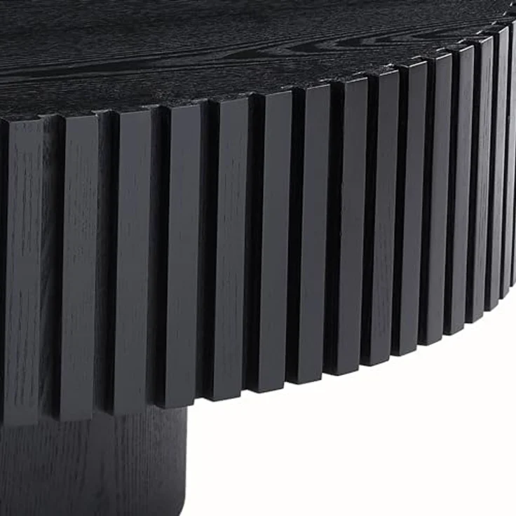 NJLyuhome Black Round Coffee Table with Grooved Edge, Solid Wood Detail, Modern Side Table for Living Room – Bild 4