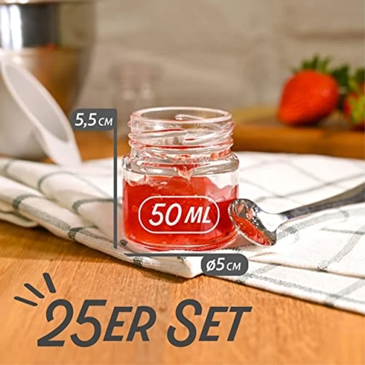 Praknu Einmachglas 24 Mini Gläser 50ml mit Deckel, Etiketten - Luftdichte Gläschen zum, Glas, (Set, 25-tlg), Mit Etiketten & Stift - Luftdicht - Spülmaschinenfest – Bild 3