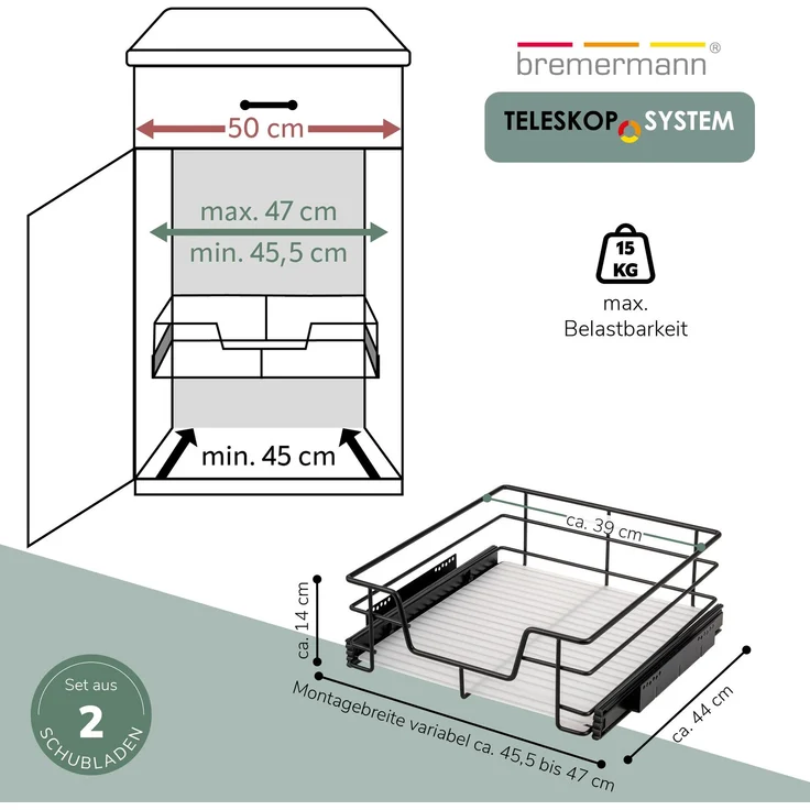 Teleskopschubladen 2er Set - für 50 cm Schrank mit Einlegeboden, aus Metall, (Schwarz) – Bild 7
