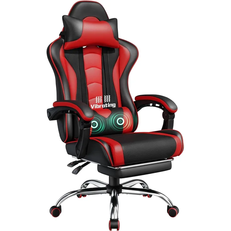 Yaheetech Gaming Stuhl Ergonomischer Gaming Sessel mit Massagefunktion Computerstuhl mit Fußstütze Bürostuhl 90-135° Rückenlehne verstellbar Gamer Stuhl für für Homeoffice und Gaming Rot