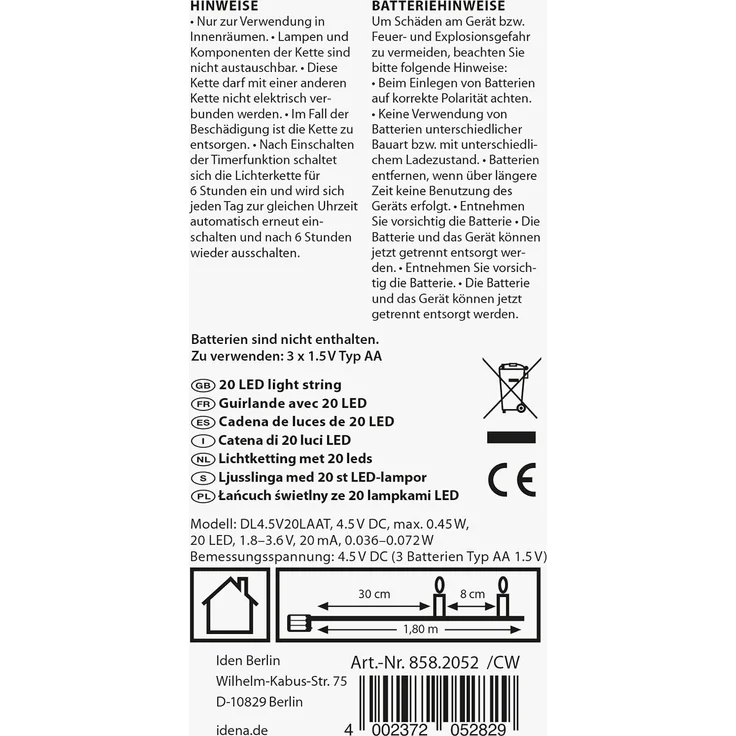 Idena 8582052 - LED Lichterkette mit 20 LEDs in Warmweiß, mit 6 Stunden Timer Funktion, batteriebetrieben, ca. 1,8 m lang, Deko für Innen, zum Basteln, als Party Deko, Weihnachtsdeko, zur Hochzeit – Bild 2