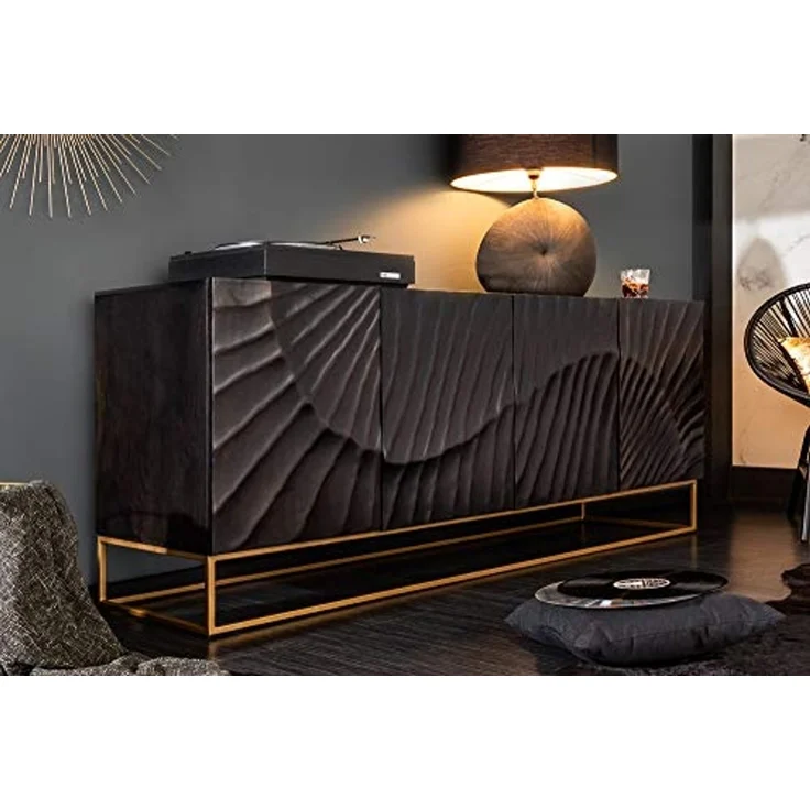 riess-ambiente Sideboard SCORPION 180cm schwarz / gold · Anrichte aus Mango-Massivholz, Metall-Gestell · Kommode mit 4 Fächern · 3D Schnitzereien · Wohnzimmer – Bild 5
