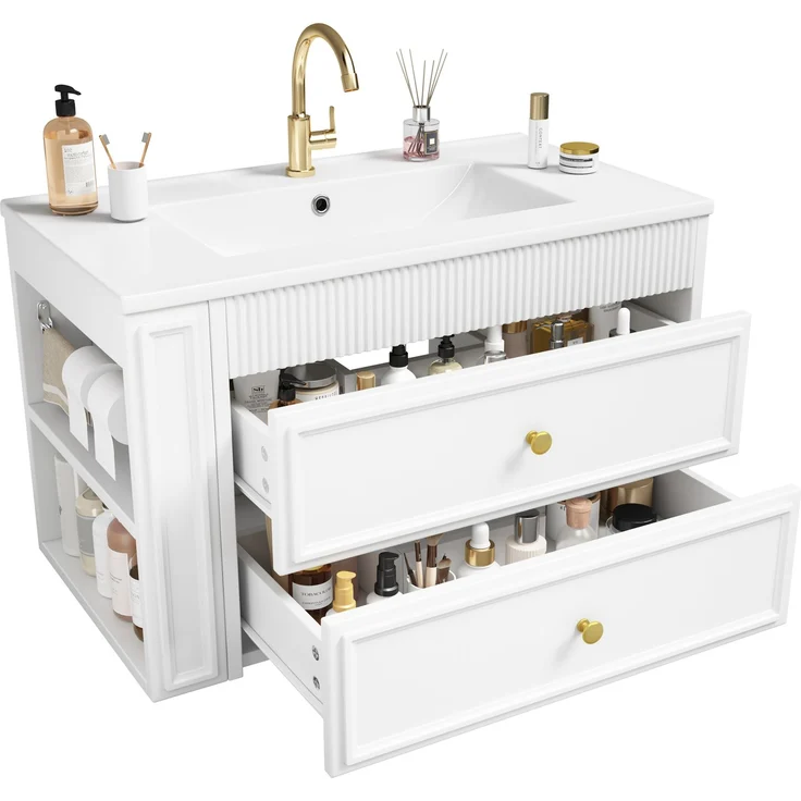 Waschtischunterschrank 81x47x52 cm, wandhängend, mit Keramikwaschbecken und 2 Schubladen, Weiß – Bild 3