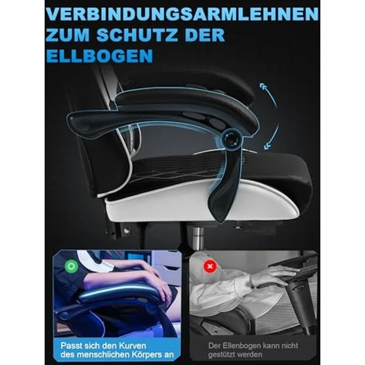 GTPLAYER Gaming Stuhl, Gamer Stuhl, Ergonomischer Bürostuhl mit mit Fußstütze verstellbare Lenden und Kopfkissen, Gaming Chair Gepolstert, Gaming Sessel 150 kg Belastbarkeit weiß – Bild 6