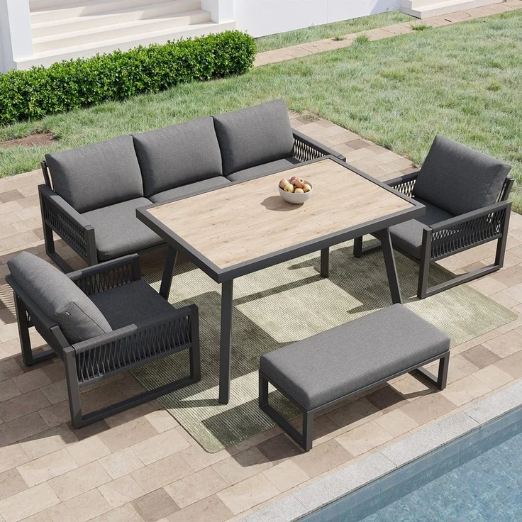 HAUSS SPOLE Gartenlounge-Set Outdoor Sofa Set 6 Sitzer Geflochtenes Seil Pflegeleichte Kissen Tisch, (Gartenmöbel Set Outdoor mit großem Esstisch), Hochwertigen Sitzkissen & Rückenkissen – Bild 5