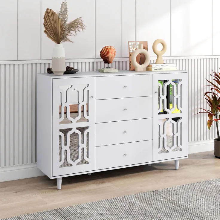 Weißes Spiegel-Sideboard 147×40×102 cm mit 4 Schubladen, 2 Türen, Glasgriffen,Kommode Highboard Luxus Design