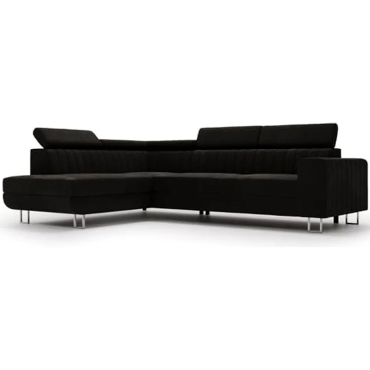 GrainGold Ecksofa mit Schlaffunktion und Bettkasten BERONA L - 255x190 cm, Schwarz, verstellbare Kopfstützen, Samt – Bild 6