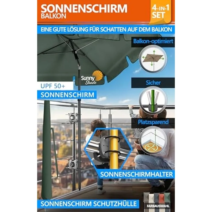 4smile Sonnenschirm Balkon SunnyShade, 200x125 cm, Grün - UPF 50+ Sonnenschirm rechteckig als Sonnenschutz Balkon - SunnyEasy Balkon-Schirm mit 2 x Sonnenschirmhalter + Sonnenschirmhülle – Bild 2