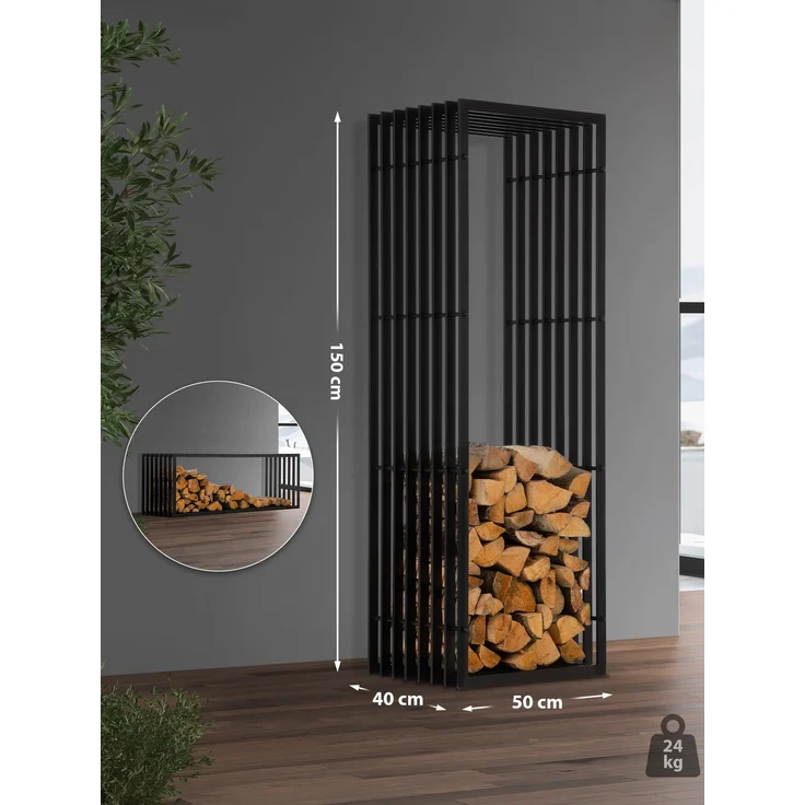 DELUKE® Kaminholzregal Metall PREMIUM - Innen und Aussen, Schwarz Brennholzregal innen Kaminholzständer Kaminholzhalter Feuerholzregal Aussen Holz stapeln Terrasse, 40x50x150cm – Bild 8