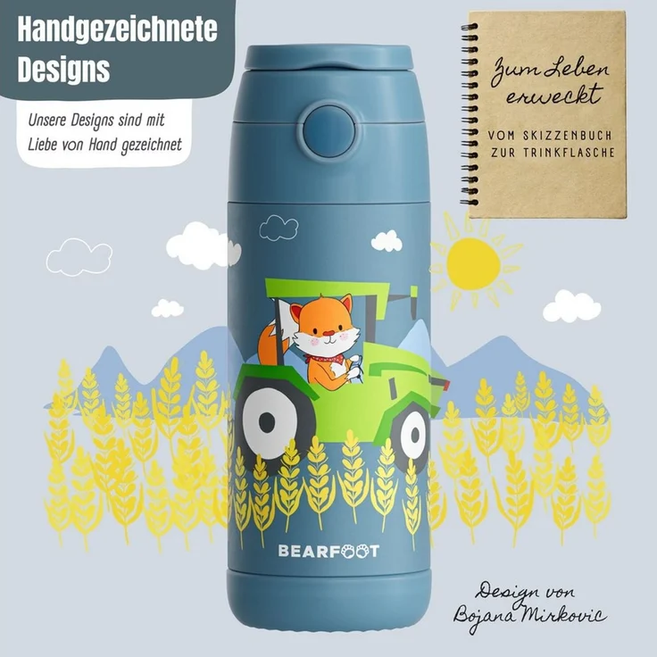 BEARFOOT Trinkflasche Thermo Kinder Trinkflasche Edelstahl - Traktor Fuchs blau, Thermosflasche, auslaufsicher, Edelstahl, Kinderflasche, BPA-frei – Bild 4
