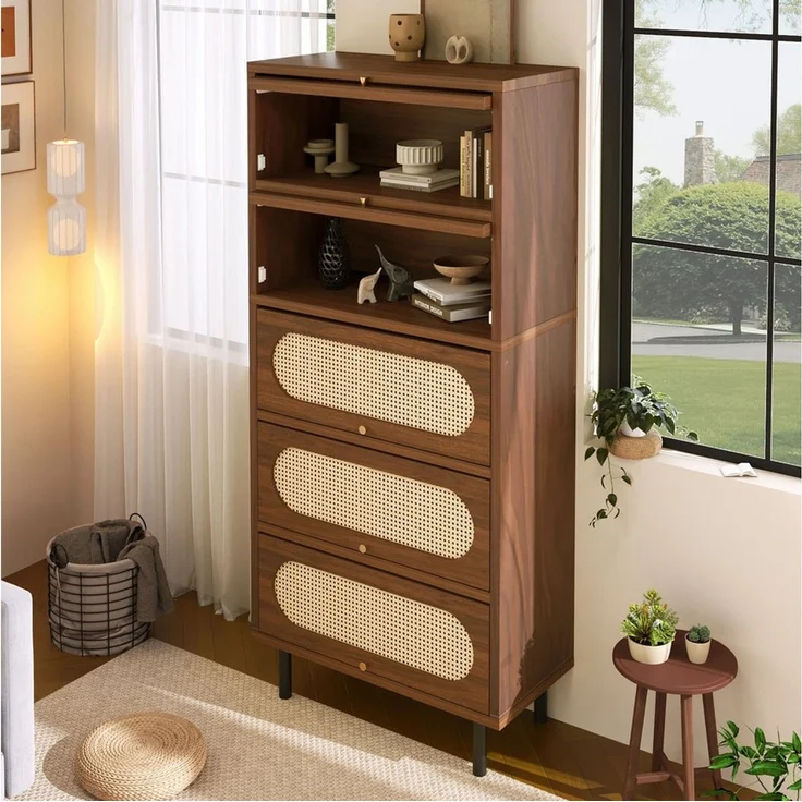 Flieks Hochschrank Kommode mit 5 Klappen und Rattantüren in Walnussholzfarbe (80x40x163 cm, 1-St, für Wohnzimmer, Schlafzimmer, Flur, Arbeitszimmer und Esszimmer) Mehrzweckschrank Sideboard Holzschrank Highboard, Metallbeine – Bild 4