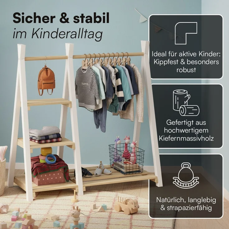 Bellabino 'Ryck' Tipi Kleiderstange mit 3 Regalen, Kiefer Massivholz, weiß/natur, 112x48x112 cm, Kindergarderobe mit Schuhablagefläche – Bild 5