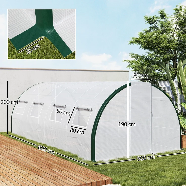 Wohnora-18 m² großes Gartentunnelgewächshaus mit Türen und 8 Fenstern, 140 g/m² PE-Folie, 600 x 300 x 200 cm, weiß,H 2000cm x T 1195cm x B 3000cm – Bild 4