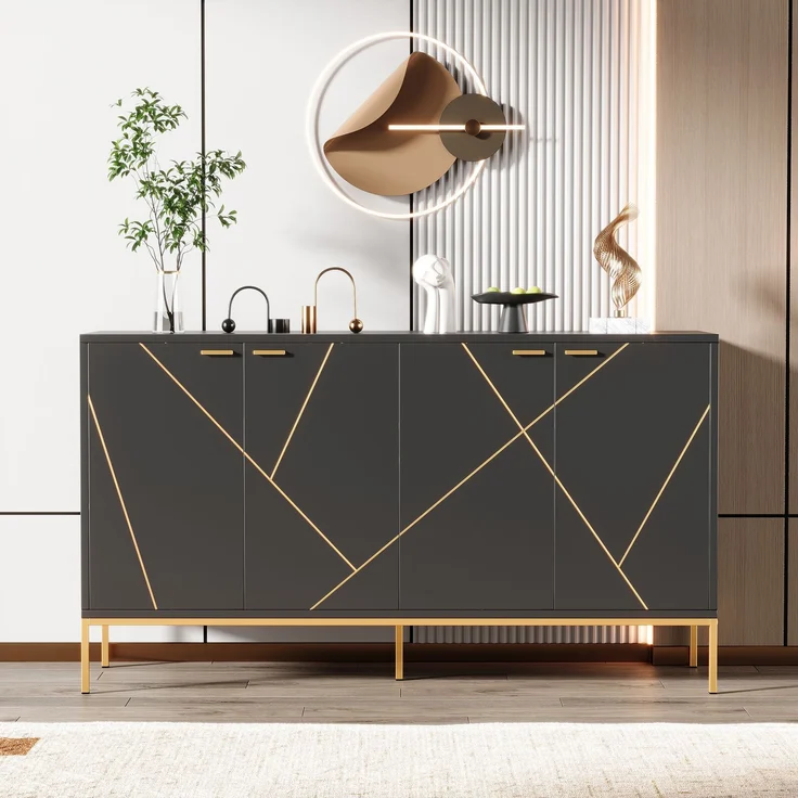 Merax Sideboard mit vier Türen, Metallfüßen, TV-Schrank, Kleiderschrank, geradliniges Design mit Metalllinien-Dekor, Schwarz+Golden – Bild 1