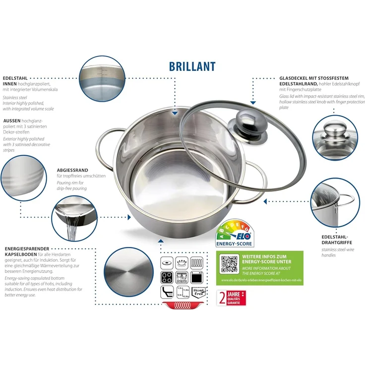 Elo Basic Dampfgartopf Brillant, Edelstahl, Glasdeckel, Induktion – Bild 2